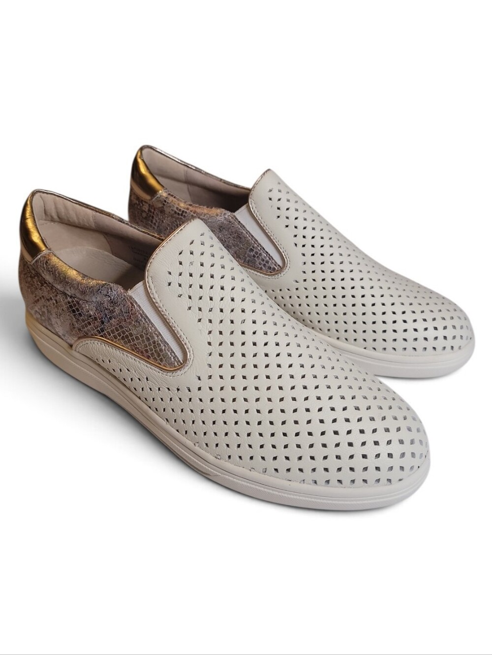 Women's Slip-On Sneakers in White and Rose Gold